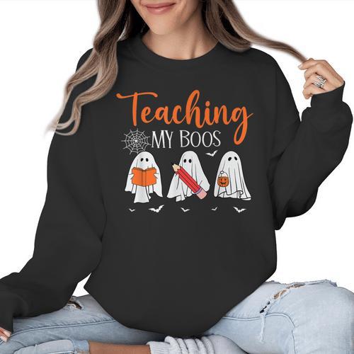 Halloween Ghost Teachers Teaching My Boos Costume Women Men Women Crewneck Sweatshirt - teacherstshirts.com