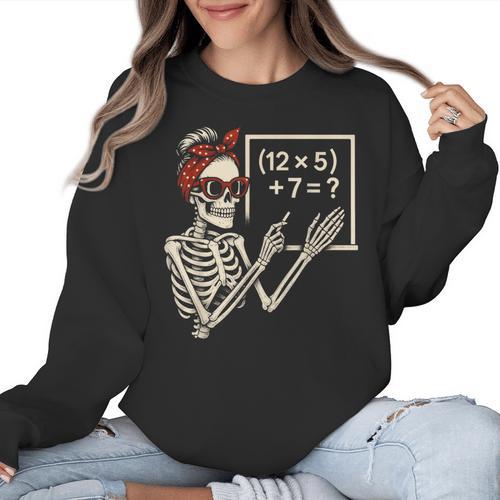 Halloween Math Teacher Skeleton Six Seven Meme Brainrot Women Crewneck Sweatshirt - teacherstshirts.com