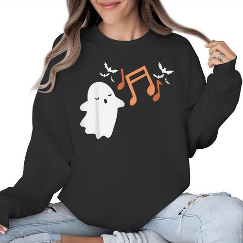 Halloween Music Note Ghost Teacher Fall Musical Instrument Women Crewneck Sweatshirt - teacherstshirts.com