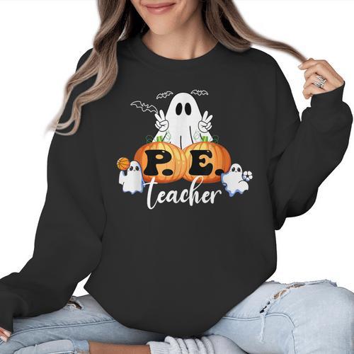 Halloween PE Teacher Ghosts Pumpkins Sports Lover Women Crewneck Sweatshirt - teacherstshirts.com UK