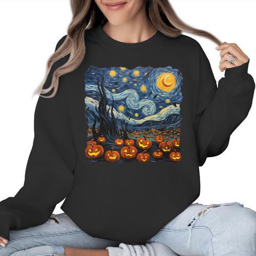 Halloween Pumpkin Starry Night Van Gogh Art Teacher Women Crewneck Sweatshirt - teacherstshirts.com