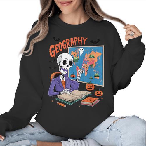 Halloween Skeleton Geography Teacher Pumpkin Bats Classroom Women Crewneck Sweatshirt - teacherstshirts.com CA