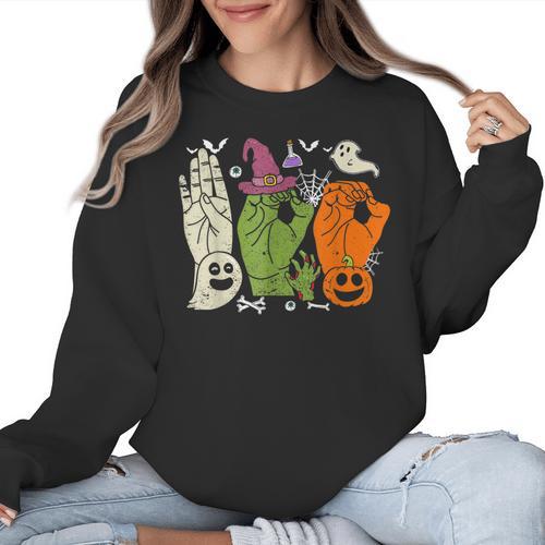 Halloween SPED Teacher Boo In ASL Boo Hands Sign Language Women Crewneck Sweatshirt - teacherstshirts.com CA