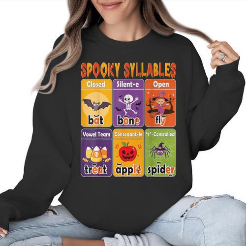 Halloween Spooky Syllable Types Teacher Educational Women Crewneck Sweatshirt - teacherstshirts.com DE