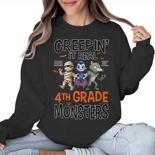 Halloween Teacher Creepin It Real With My 4th Grade Monsters Women Crewneck Sweatshirt - teacherstshirts.com AU
