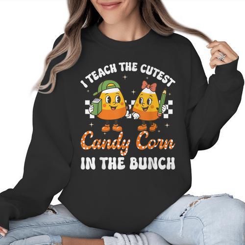 Halloween Teacher Cutest Candy Corn Groovy Spooky Teachers Women Crewneck Sweatshirt - teacherstshirts.com