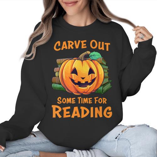 Halloween Teacher Librarian Pumpkin Reading Books Men Women Kids Women Crewneck Sweatshirt - teacherstshirts.com CA
