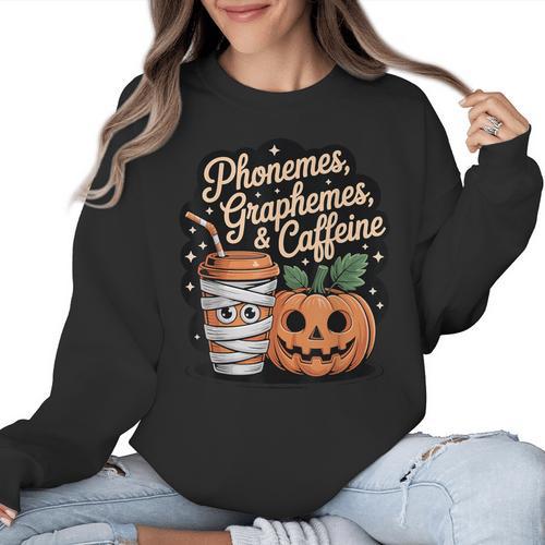 Halloween Teacher Phonemes Graphemes Caffeine Coffee Lover Women Crewneck Sweatshirt - teacherstshirts.com CA
