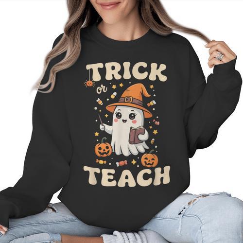 Halloween Teacher Shirts Women School Trick Or Teach Groovy Women Crewneck Sweatshirt - teacherstshirts.com