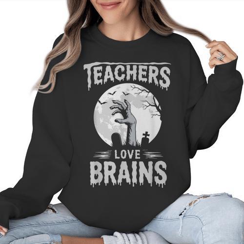 Halloween Teacher Tshirts Zombie Teachers Love Brains Women Crewneck Sweatshirt - teacherstshirts.com AU