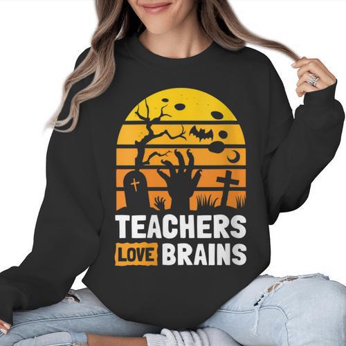 Halloween Teachers Science Math Teachers Love Brains Women Crewneck Sweatshirt - teacherstshirts.com CA