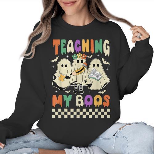 Halloween Teaching My Boos Cute Ghost Teacher Life Costume Women Crewneck Sweatshirt - teacherstshirts.com UK