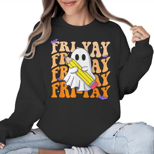 Happy Fri-Yay Friday Lovers Groovy Teacher Life Halloween Women Crewneck Sweatshirt - teacherstshirts.com AU