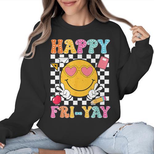 Happy Fri-Yay Groovy Teacher Friday Weekend Fri Yay Women Crewneck Sweatshirt - teacherstshirts.com AU