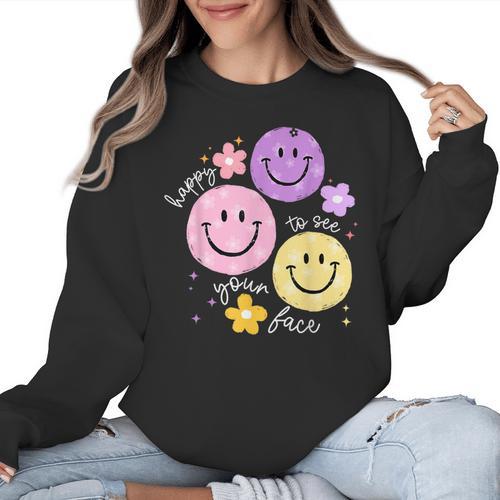 Happy To See Your Face Teacher Flower Back To School Women Crewneck Sweatshirt - teacherstshirts.com UK