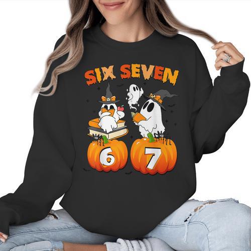Haunted By 67 Boo Ghost Pumpkin Halloween Teacher Women Crewneck Sweatshirt - teacherstshirts.com