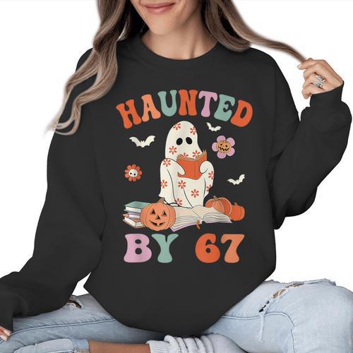 Haunted By 67 Boo Ghost Teacher 6 7 Halloween Costume Women Crewneck Sweatshirt - teacherstshirts.com CA