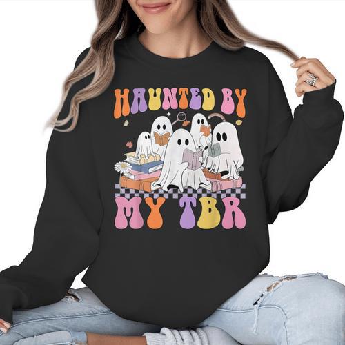 Haunted By My TBR Cute Ghosts Book Reading Teacher Halloween Women Crewneck Sweatshirt - teacherstshirts.com DE