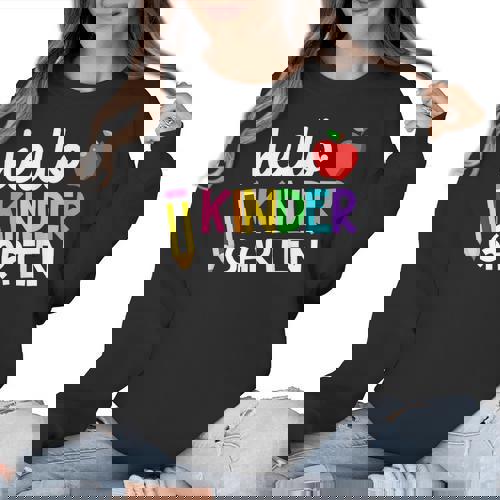 Hello Kindergarten Team Kinder Back To School Teacher Kids Women Crewneck Sweatshirt - teacherstshirts.com