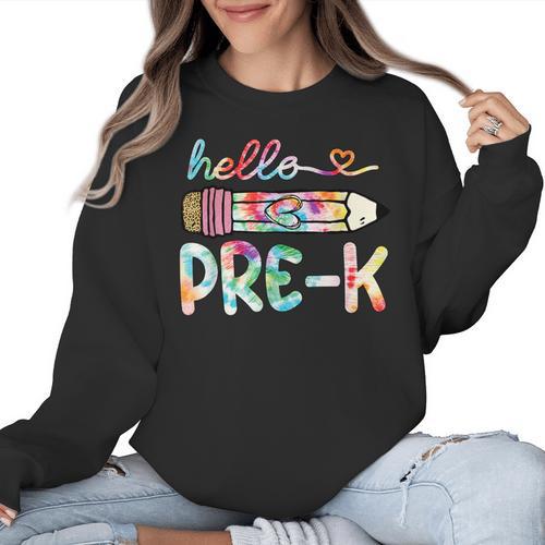 Hello Pre-K Pencil Teacher Student Tie Dye Women Crewneck Sweatshirt - teacherstshirts.com UK