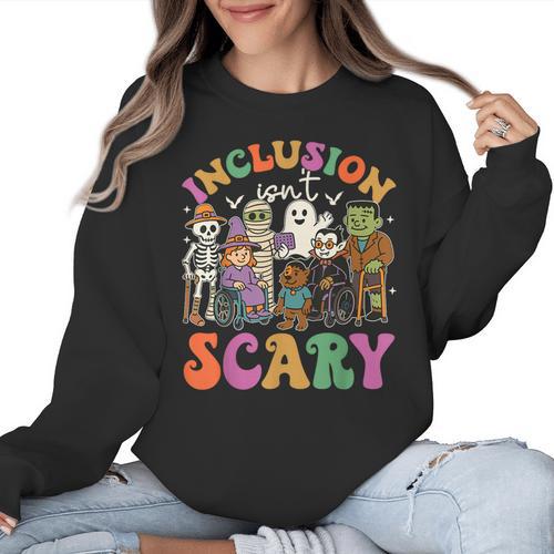 Inclusion Isnt Scary Halloween Skeleton Ghost Sped Teacher Women Crewneck Sweatshirt - teacherstshirts.com DE