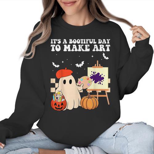 It's A Bootiful Day To Make Art Groovy Art Teacher Halloween Women Crewneck Sweatshirt - teacherstshirts.com