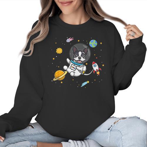 Kawaii Kids & Boys Astronaut Space Boston Terrier Dog Lover Women Crewneck Sweatshirt - Bostonterriersmerch.com UK