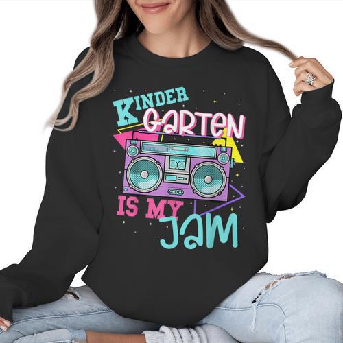 Kindergarten Is My Jam Cute Teacher Shirt 80's 90's Styl Women Crewneck Sweatshirt - teacherstshirts.com