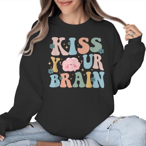 Kiss Your Brain Teacher Inspire Educate Groovy Retro Vintage Women Crewneck Sweatshirt - teacherstshirts.com