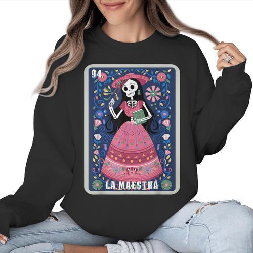 La Maestra Halloween Mexican Bingo Card Teacher Lottery Card Women Crewneck Sweatshirt - teacherstshirts.com UK