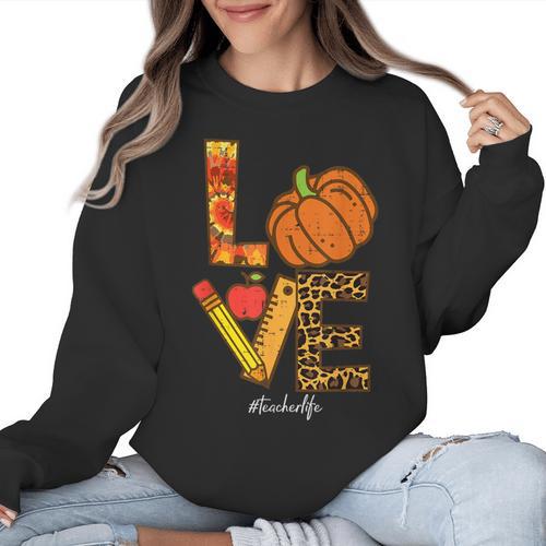 Leopard Pumpkin Love Teacher Life Thanksgiving Fall Women Women Crewneck Sweatshirt - teacherstshirts.com DE