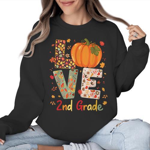 Love 2nd Grade Happy Fall Thanksgiving For 2nd Teacher For Men Women Girls Kids Women Crewneck Sweatshirt - teacherstshirts.com CA