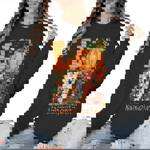 Love Kindergarten Teacher Turkey Thanksgiving Autumn Fall Women Crewneck Sweatshirt - teacherstshirts.com