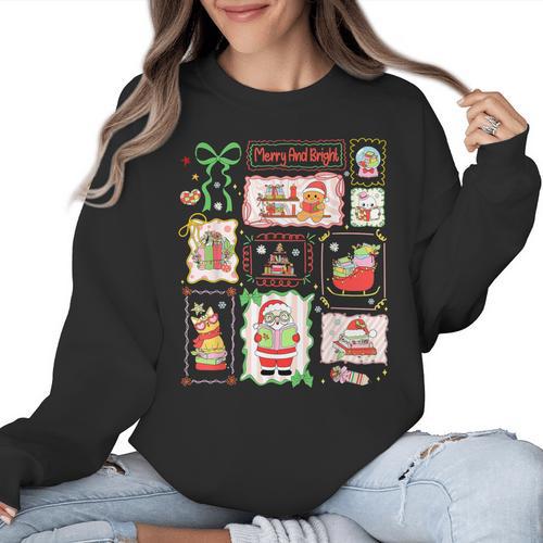 Merry And Bright Christmas Gingerbread Santa Book Teacher Women Crewneck Sweatshirt - teacherstshirts.com DE