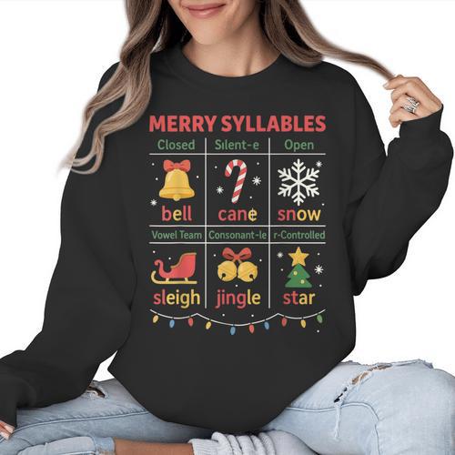 Merry Syllables Teacher Christmas Educational Kids Women Crewneck Sweatshirt - teacherstshirts.com CA