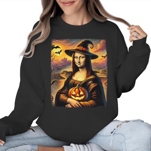 Mona Lisa Pumpkin Halloween Art Teacher Witchy Women Kids Women Crewneck Sweatshirt - teacherstshirts.com
