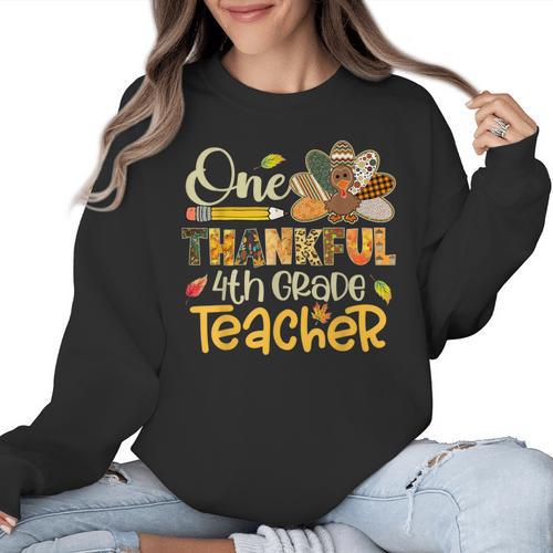 One Thankful 4th Grade Teacher Turkey Leopard Thanksgiving Women Crewneck Sweatshirt - teacherstshirts.com DE