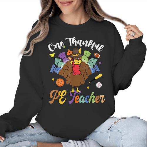 One Thankful PE Teacher Turkey Thanksgiving -Adults & Kids Classic Fit Polyester 100 Short Sleeve Women Crewneck Sweatshirt - teacherstshirts.com