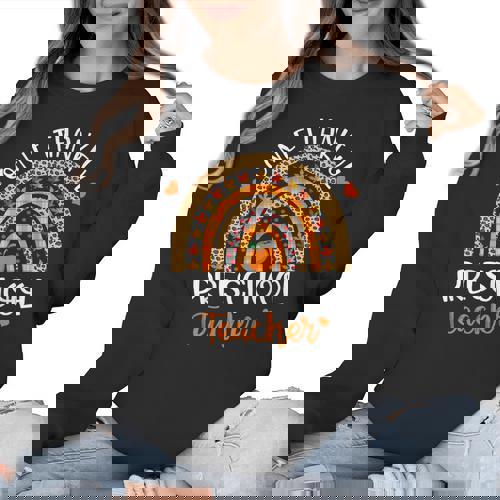 One Thankful Preschool Teacher Thanksgiving Rainbow Women Crewneck Sweatshirt - teacherstshirts.com