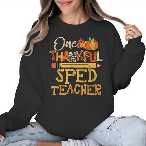 One Thankful Sped Teacher Cute Thanksgiving Women Women Crewneck Sweatshirt - teacherstshirts.com AU