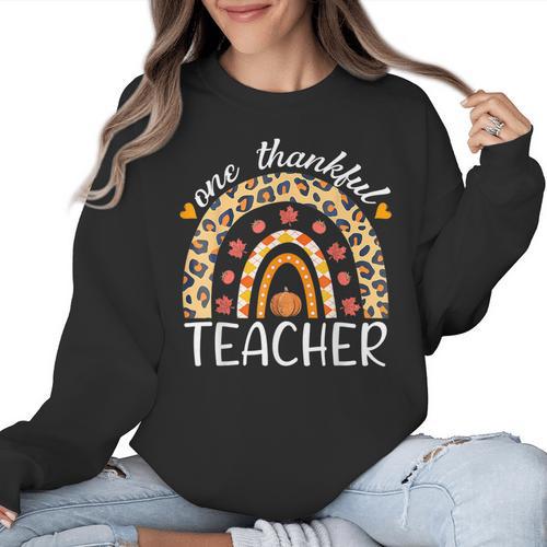 One Thankful Teacher Thanksgiving Rainbow Leopard Fall Women Crewneck Sweatshirt - teacherstshirts.com AU