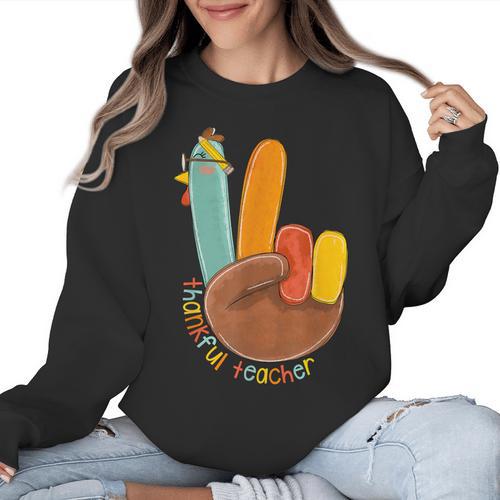 One Thankful Teacher Thanksgiving Turkey Peace Hand Sign Women Crewneck Sweatshirt - teacherstshirts.com AU