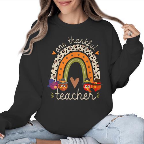One Thankful Teacher Thanksgiving Turkey Rainbow Fall Women Crewneck Sweatshirt - teacherstshirts.com AU