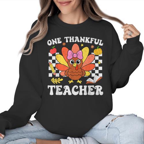 One Thankful Teacher Turkey Thanksgiving Teaching Women Crewneck Sweatshirt - teacherstshirts.com AU