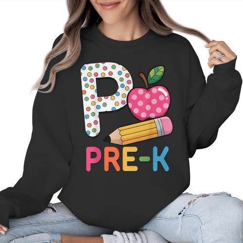 P Is For Pre K Teacher Student Pencil Apple Back To School Women Crewneck Sweatshirt - teacherstshirts.com CA