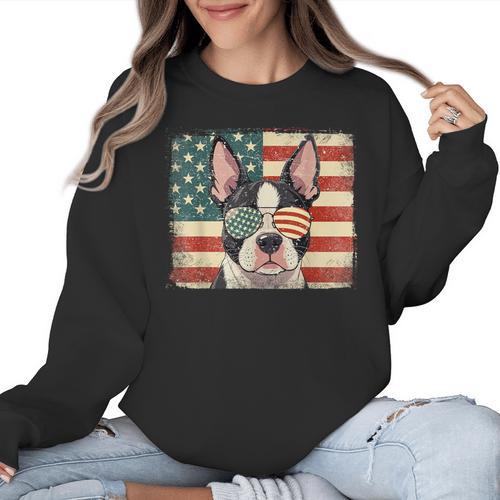 Patriotic Boston Terrier Dog Lover USA Flag 4th Of July For Men Women Kids Women Crewneck Sweatshirt - Bostonterriersmerch.com