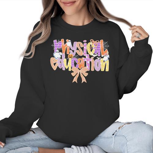 Physical Education Halloween Bow Checkered Teacher Ghost PE Women Crewneck Sweatshirt - teacherstshirts.com