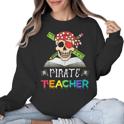 Pirate Teacher Halloween Skull Adult Women Crewneck Sweatshirt - teacherstshirts.com