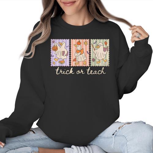 Preppy Goose Teacher Trick Or Teach Halloween Teacher Goose Women Crewneck Sweatshirt - teacherstshirts.com AU