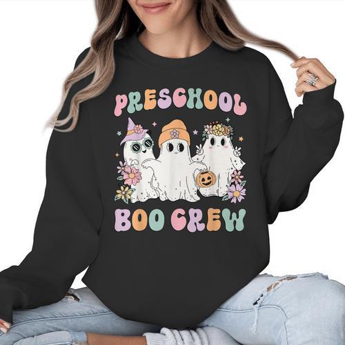 Preschool Boo Crew Groovy Halloween Floral Ghost Teacher Men Women Kids Women Crewneck Sweatshirt - teacherstshirts.com CA